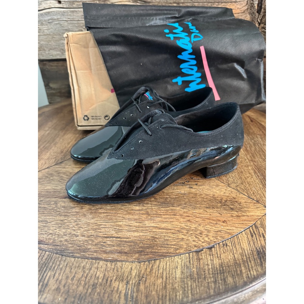 International Dance Shoes Pino Flex Black Nubuck Patent‎ Ballroom Shoes 7.5 Wide